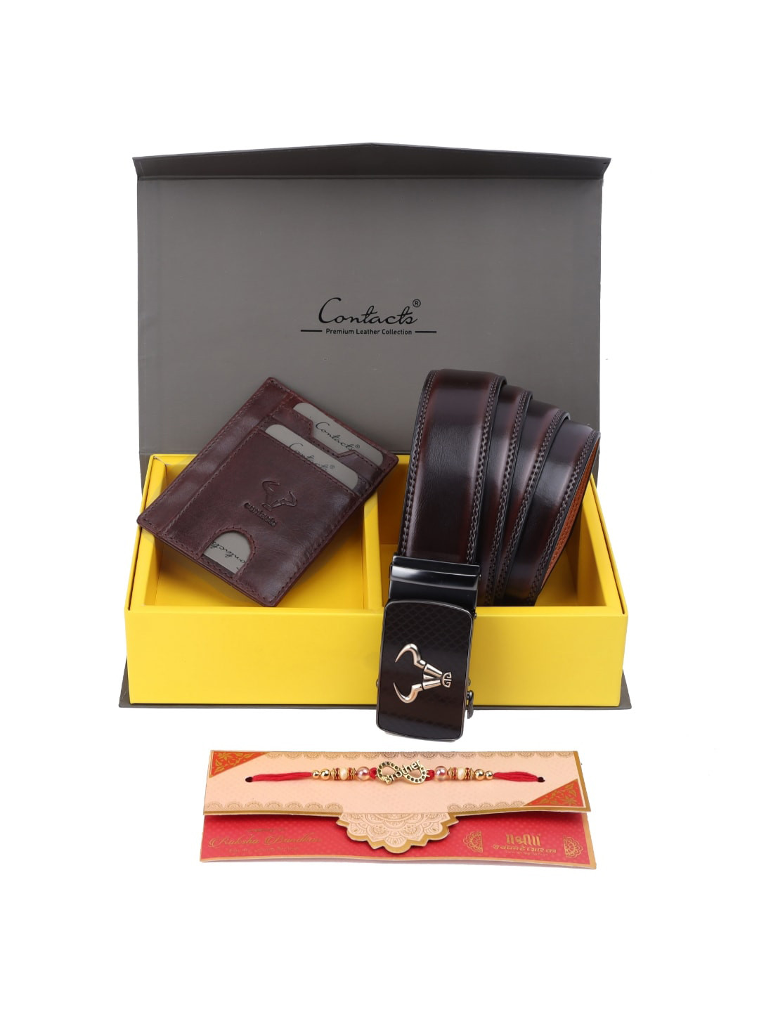CONTACTS Brown Wallet, Belt and Rakhi Accessory Gift Set