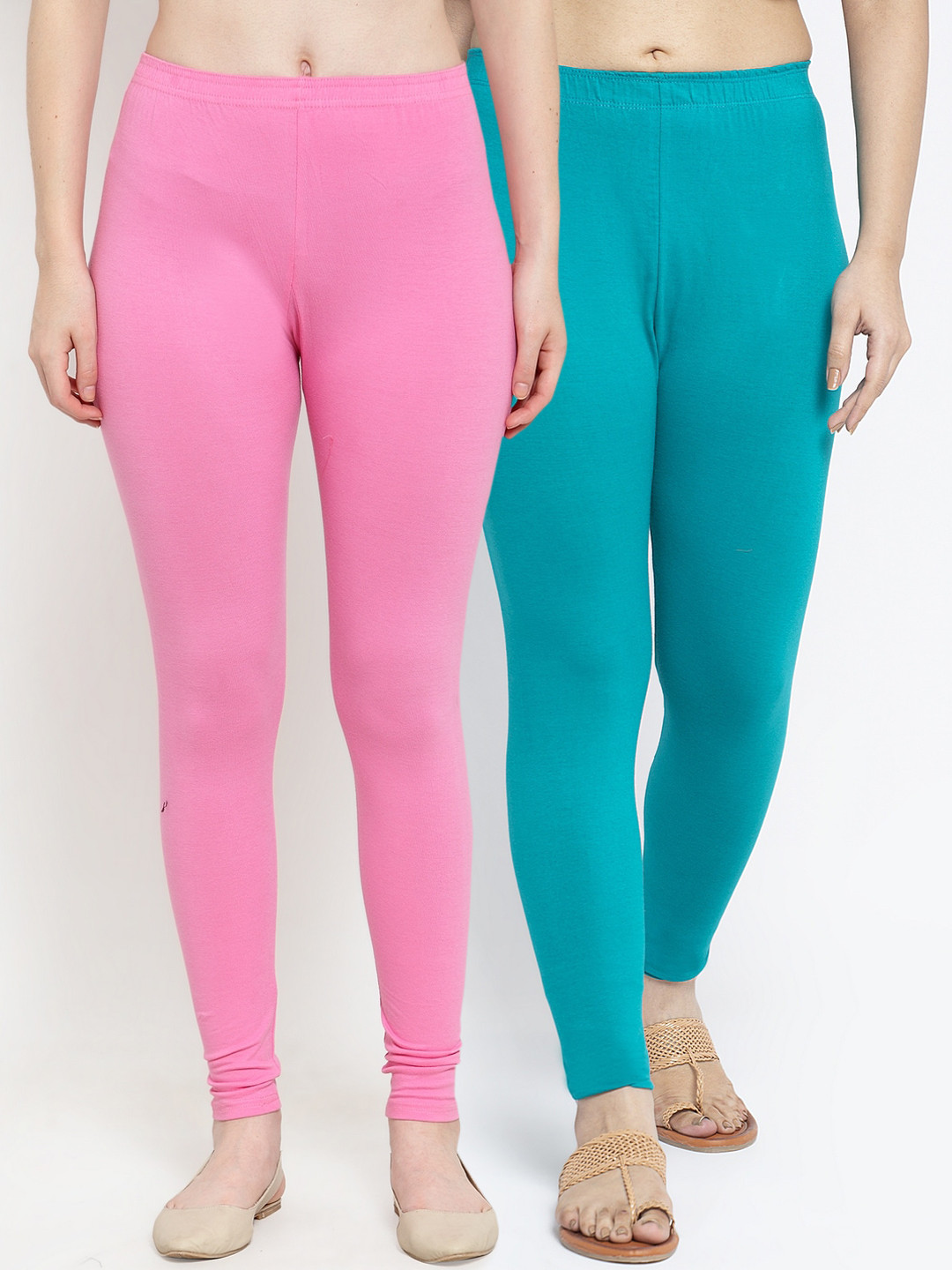 GRACIT Women Pink Light Blue Pack Of 2 Solid Ankle-Length Combed Cotton Leggings