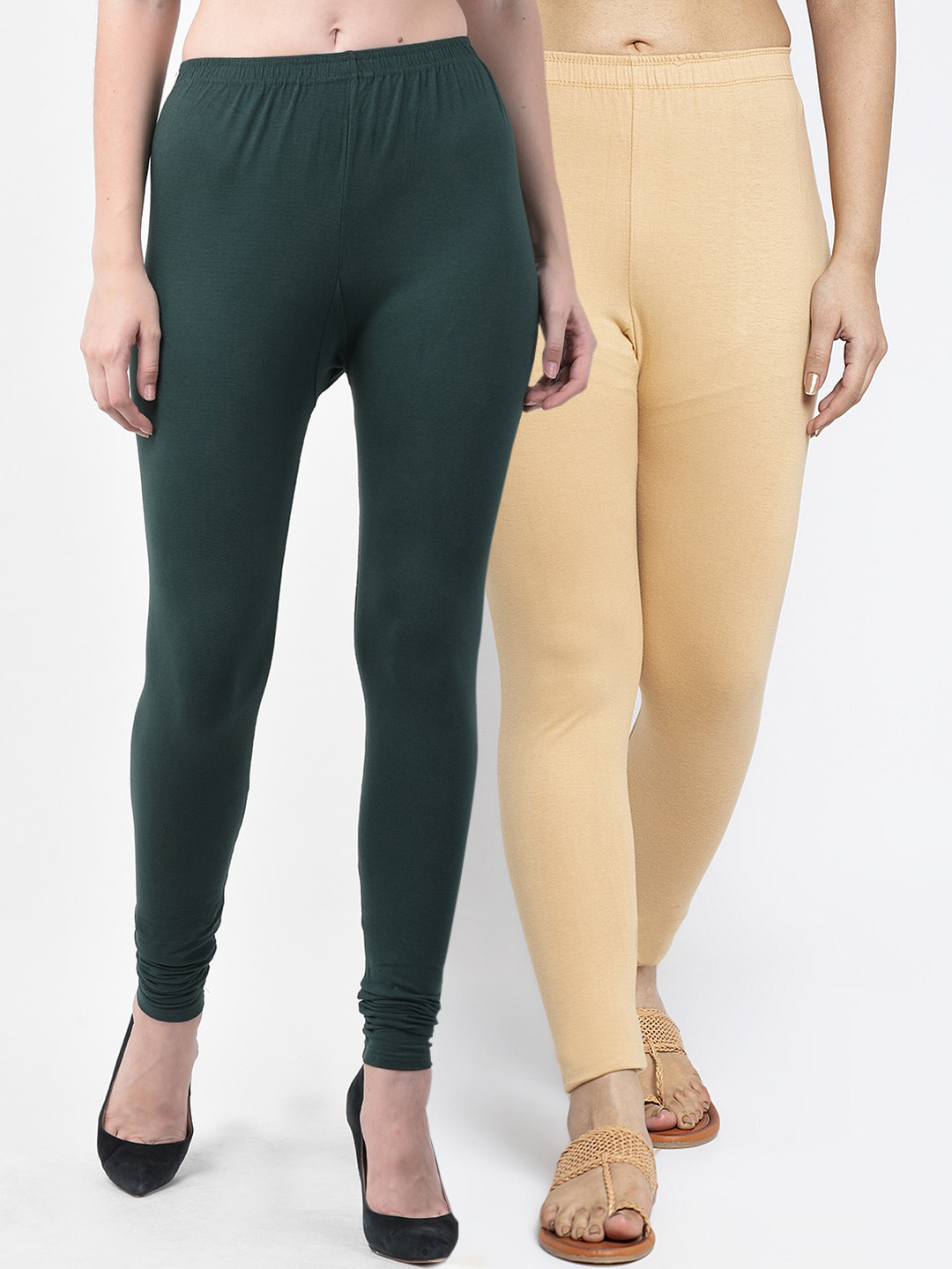 GRACIT Women Bottle Green & Beige Ankle Length Leggings Pack Of 2