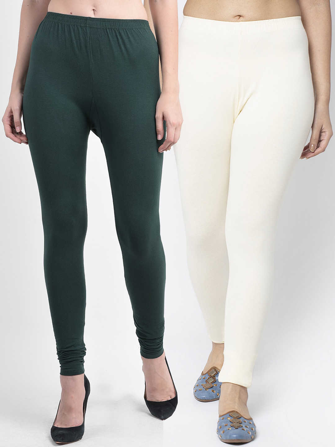 GRACIT Women Bottle Green & Off White Ankle Length Leggings Pack Of 2