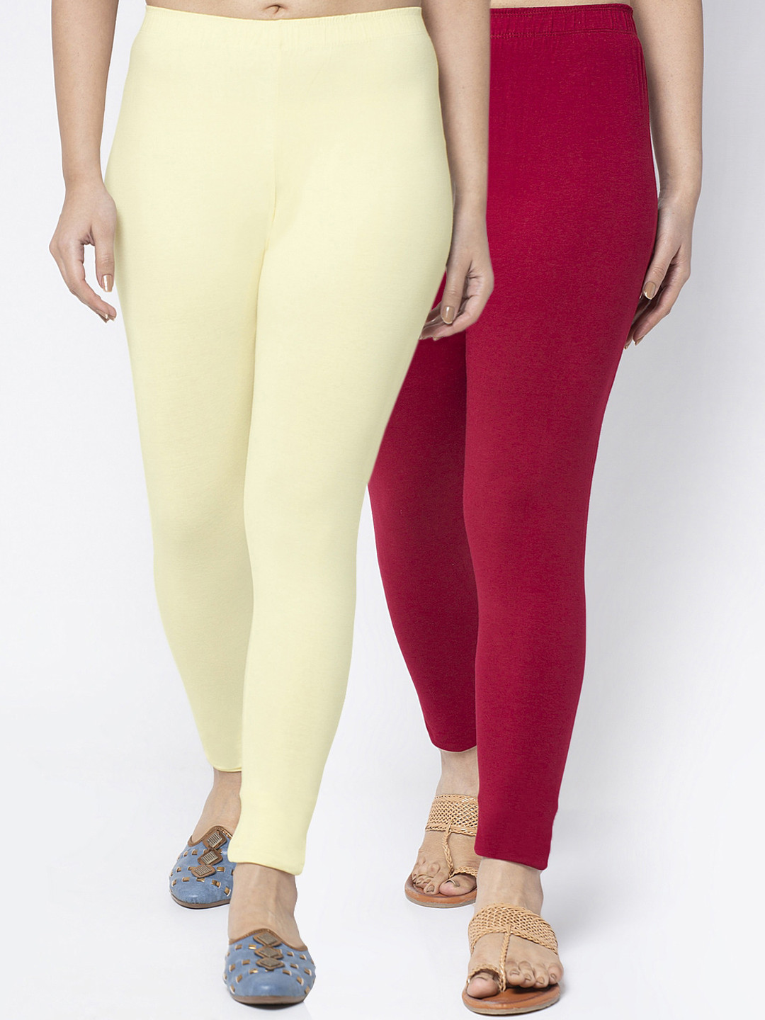 GRACIT Women Pack Of 2 Solid Maroon And Cream Ankle-Length  Leggings