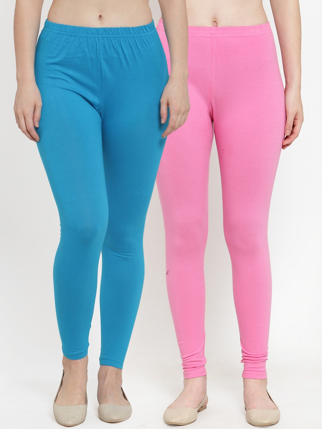 GRACIT Women Pack of 2 Solid Light Pink And Turquiose Ankle Length Leggings