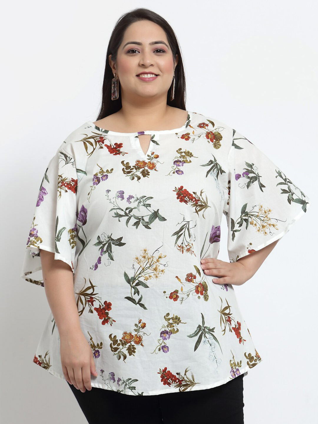 KLOTTHE White Floral Print Keyhole Neck Top