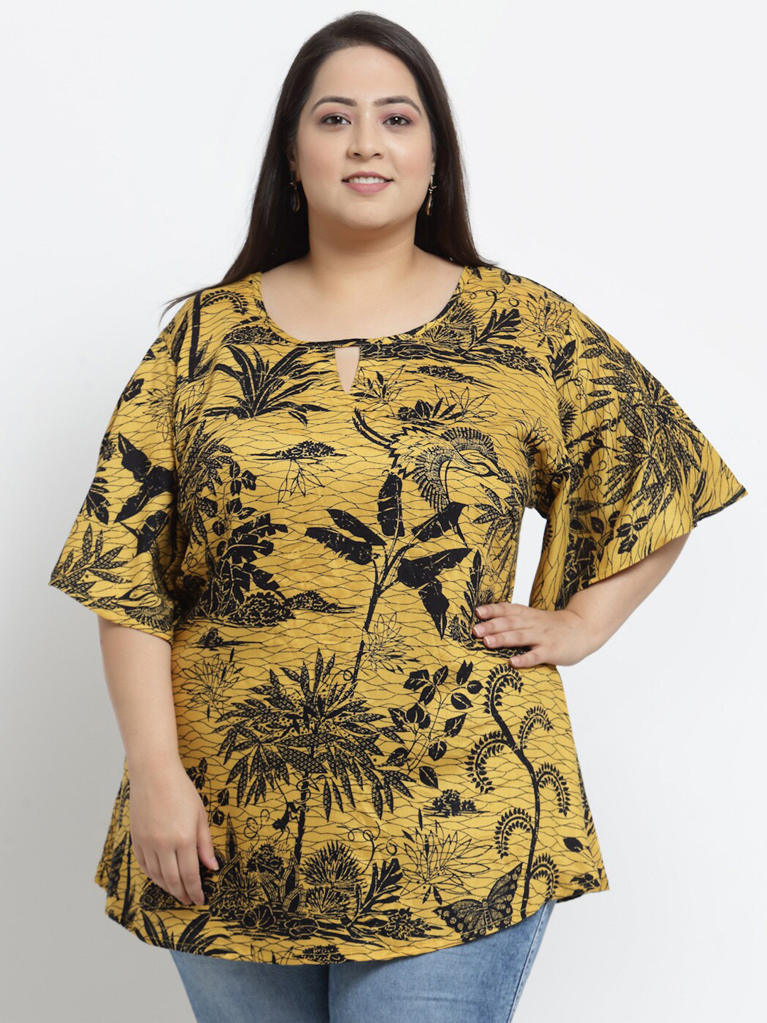 KLOTTHE Plus Size Women Mustard Yellow & Black Floral Print Keyhole Neck Top
