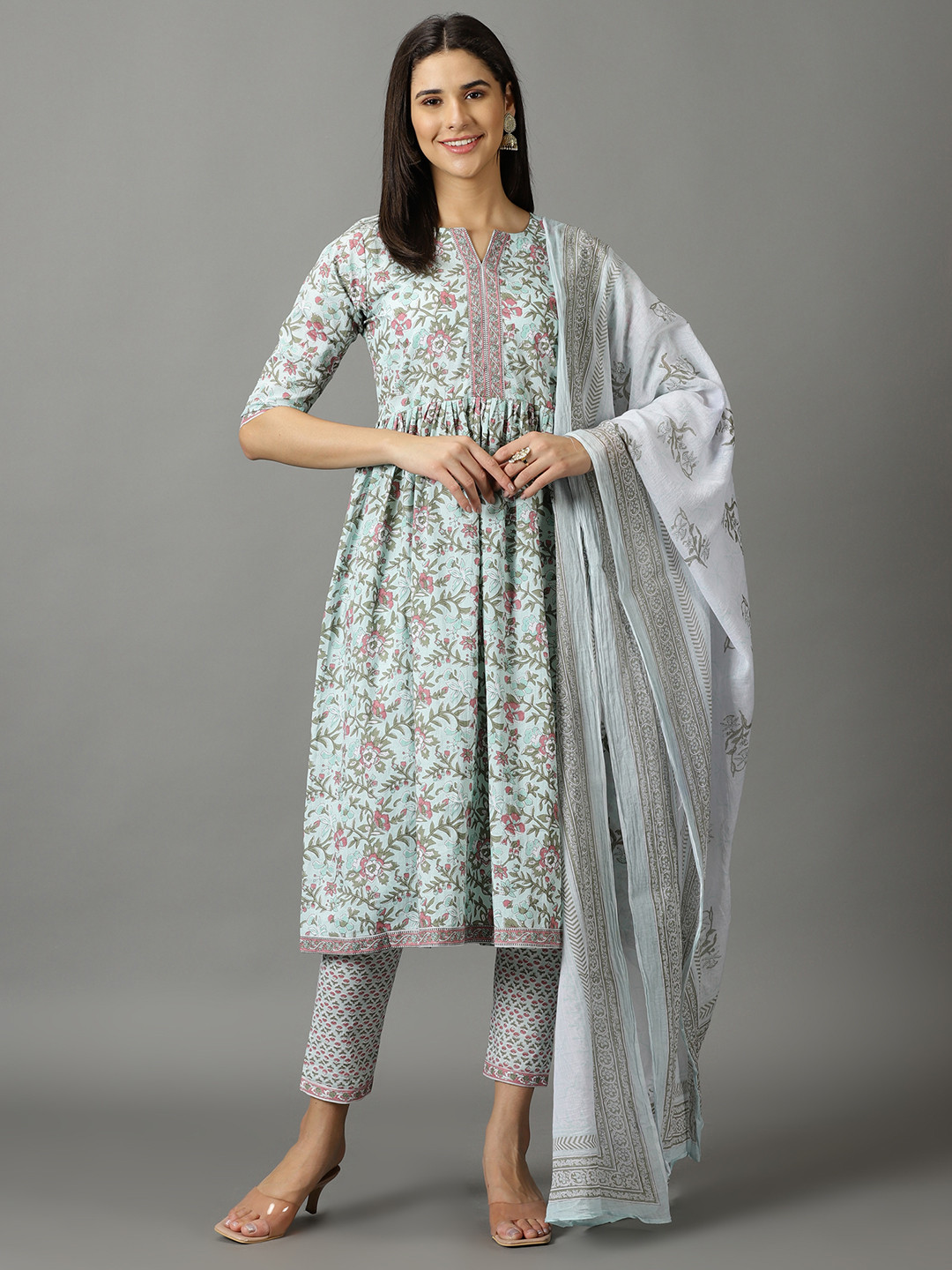 DIVINATION Women Multicoloured Floral Printed Pure Cotton Kurta with Palazzos & With Dupatta