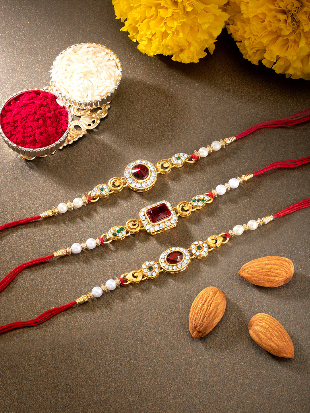 Peora Set of 3 Multicolored Kundan Beaded Rakhi with Roli Chawal Greeting Card