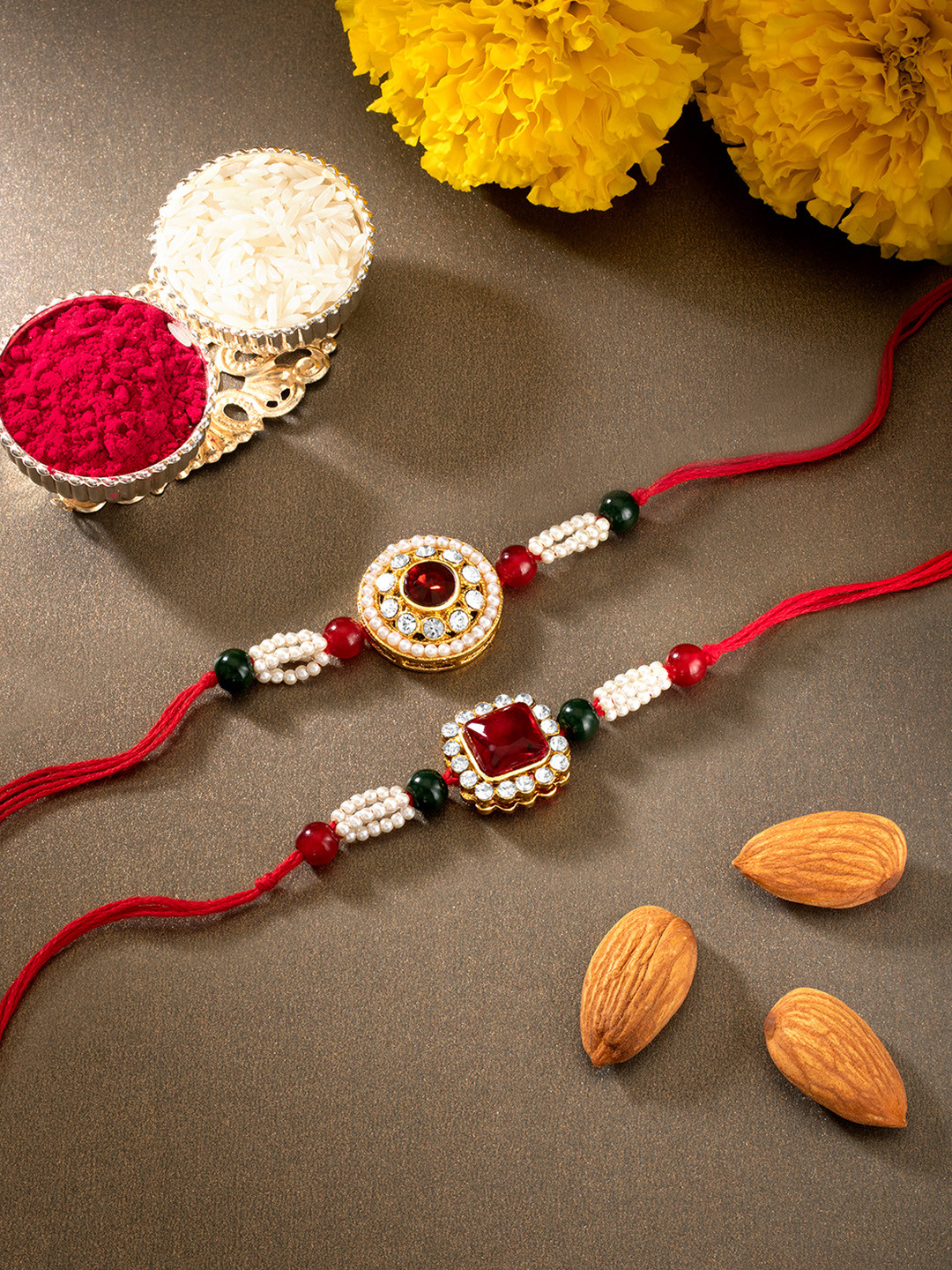 Peora Men Set of 2 Multicolored Kundan Beaded Rakhi with Roli Chawal & Greeting Card