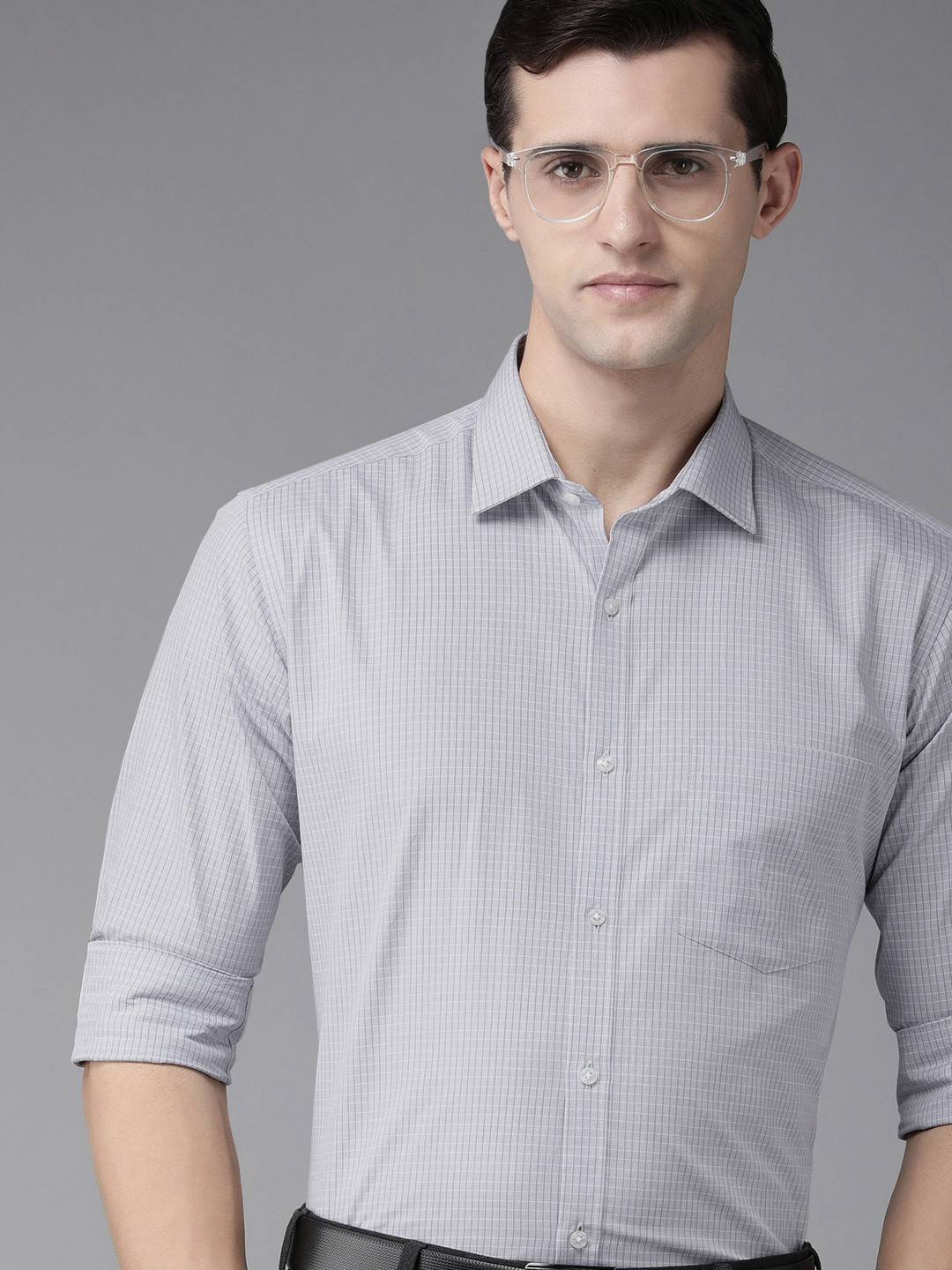 Park Avenue Men Grey Slim Fit Checked Pure Cotton Formal Shirt