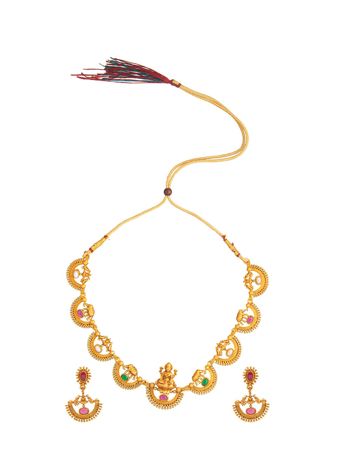 Shining Jewel - By Shivansh Women Antique Gold-Plated Green & Pink Temple Jewellery Set