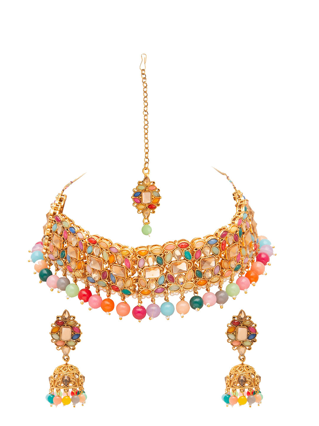 Shining Jewel Gold-Plated Blue Stone-Studded & Beaded Jewellery Set