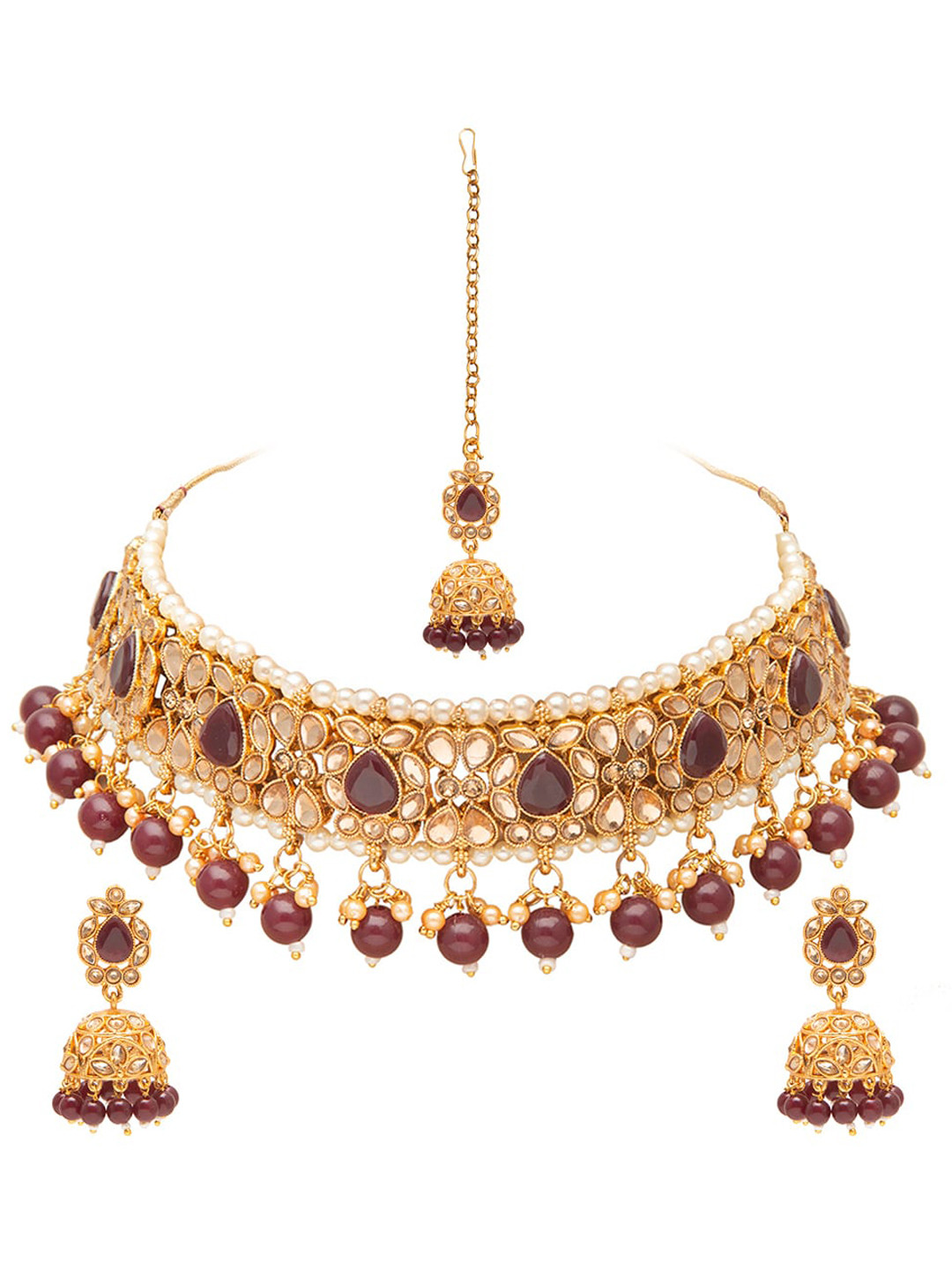 Shining Jewel - By Shivansh Women Gold-Plated White & Maroon Kundan-Studded Jewelry Set