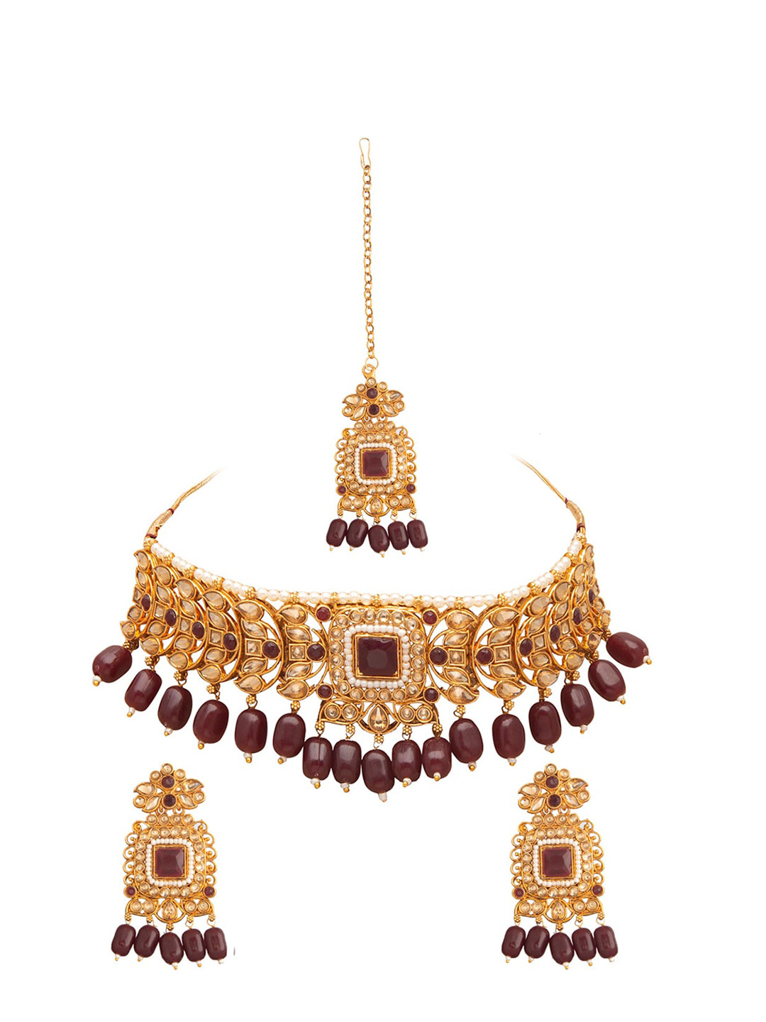 Shining Jewel Gold-Plated & Maroon Kundan Jewellery Set