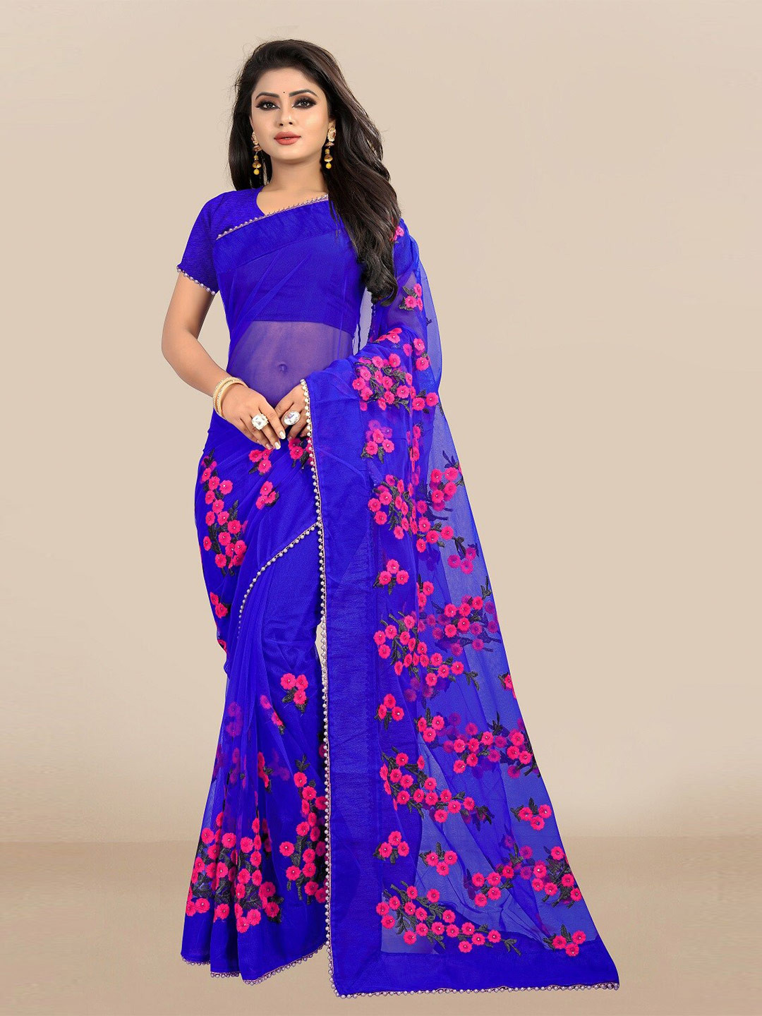 JSItaliya Blue & Pink Floral Embroidered Net Saree