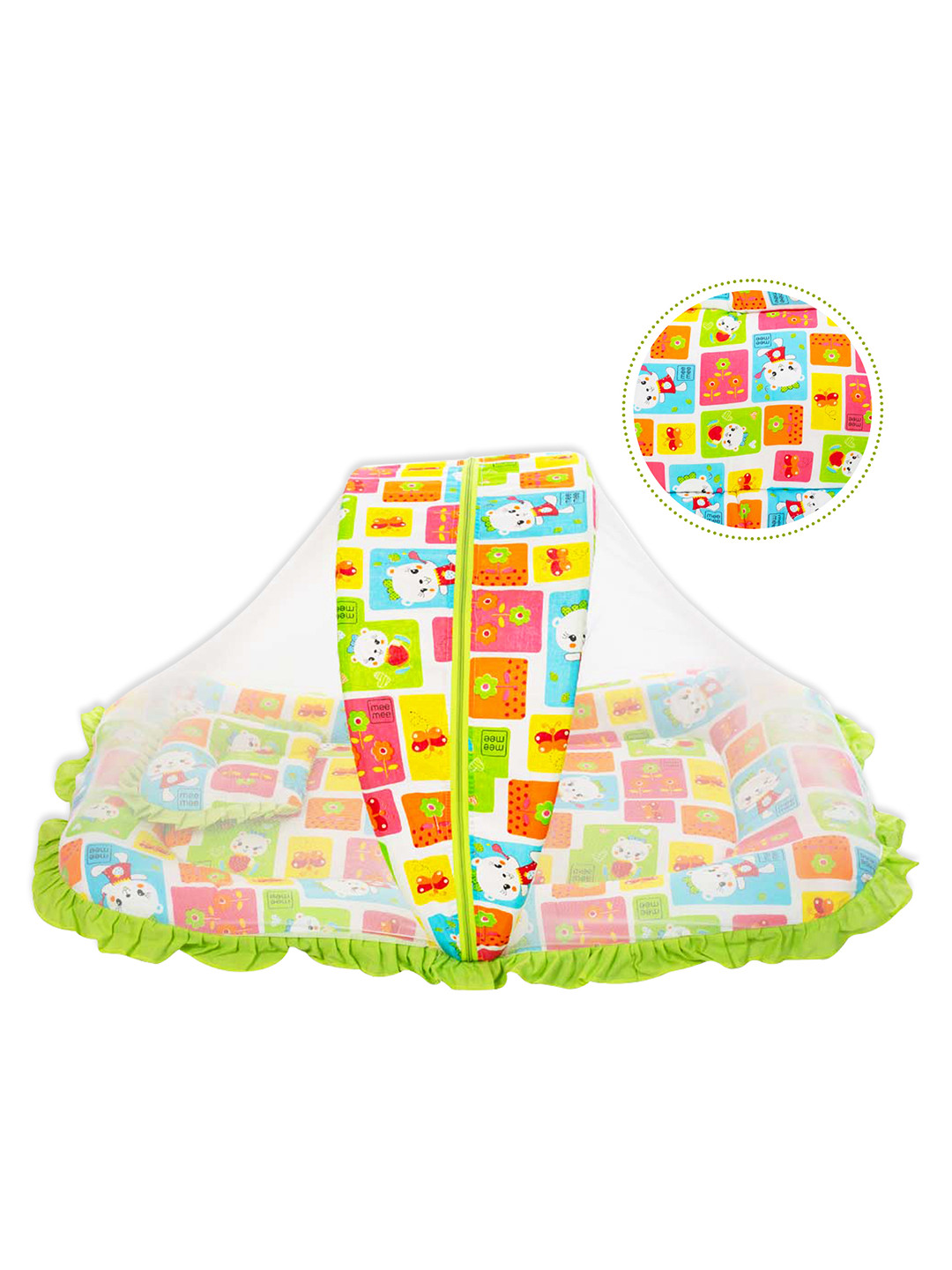 MeeMee Kids Green & Orange Printed  Mattress Set With Neck Pillow and Bolsters