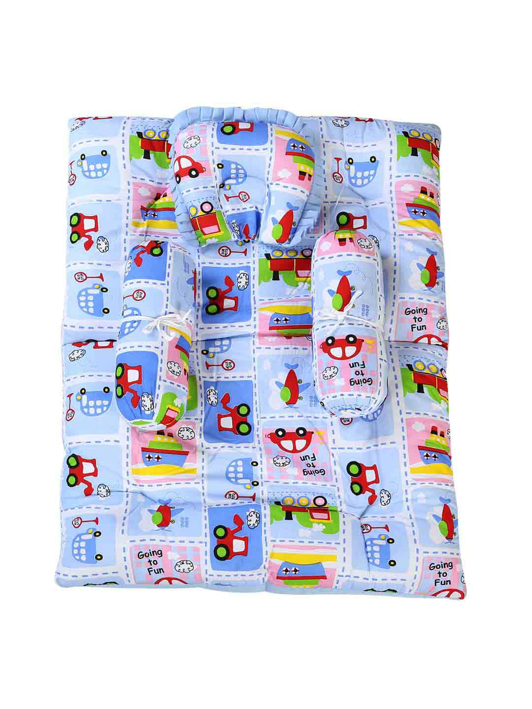 MeeMee Kids Blue & Red Printed Mattress Set With Neck Pillow & Bolsters