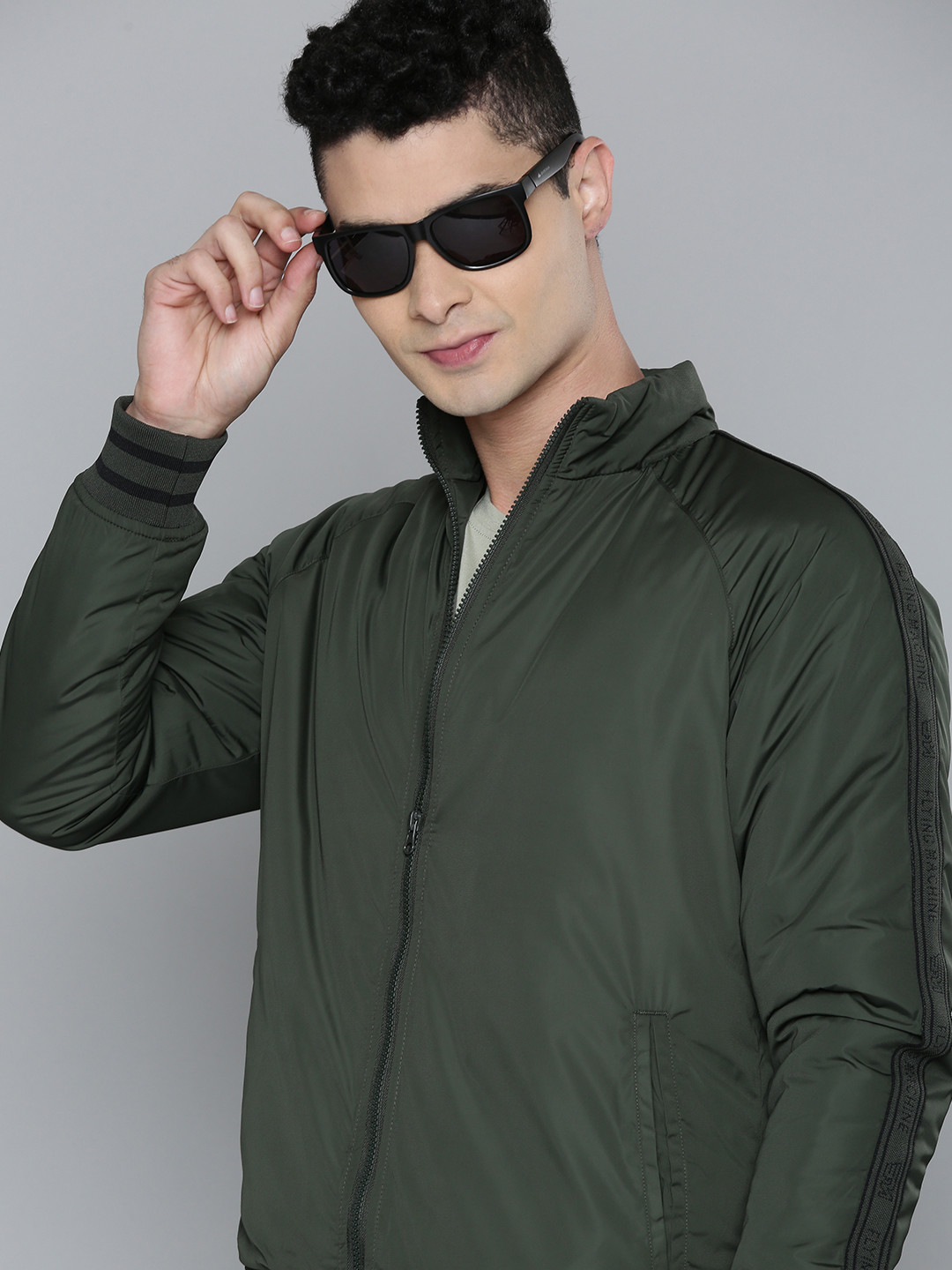 Flying Machine Men Green Back Brand Logo Self Design Insulator Bomber Jacket