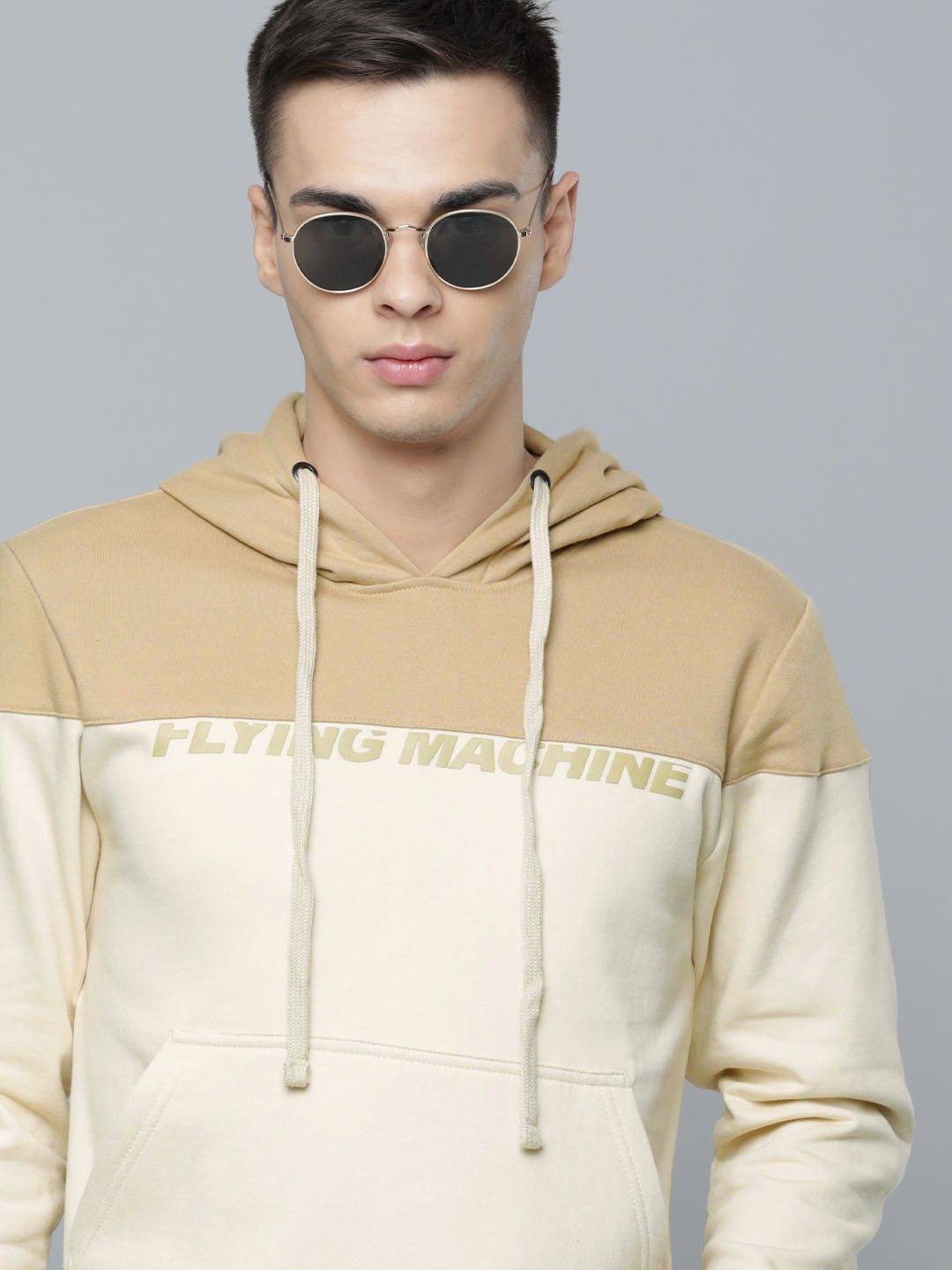 Flying Machine Men Off White & Camel Brown Brand Logo Print Hooded Sweatshirt