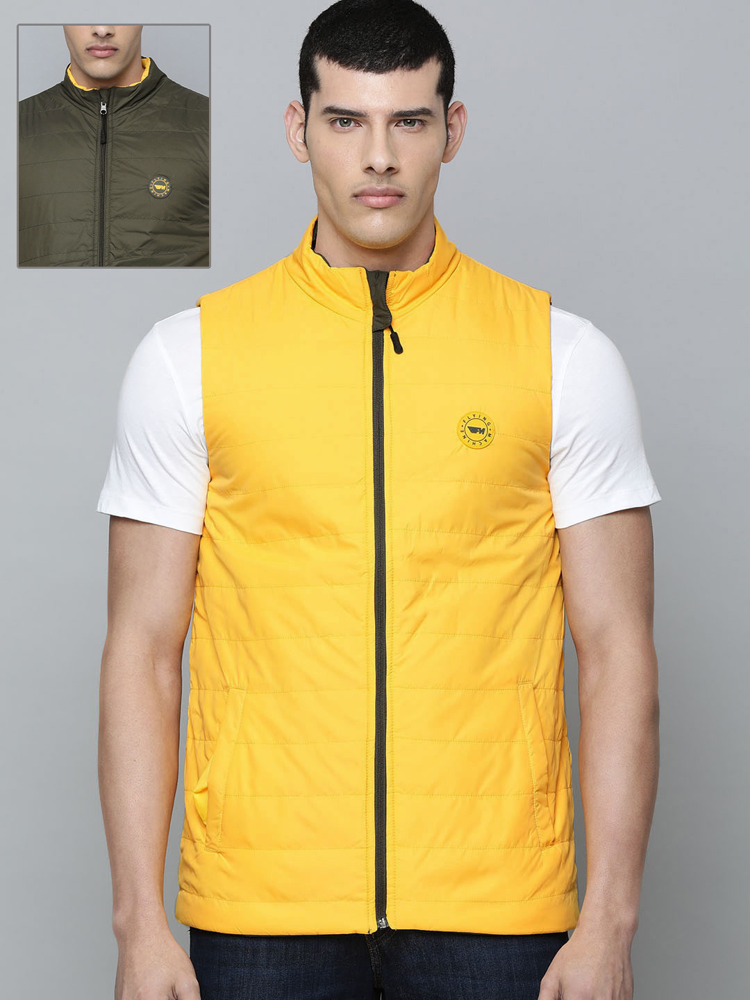Flying Machine Men Yellow & Olive Green Solid Reversible Padded Jacket