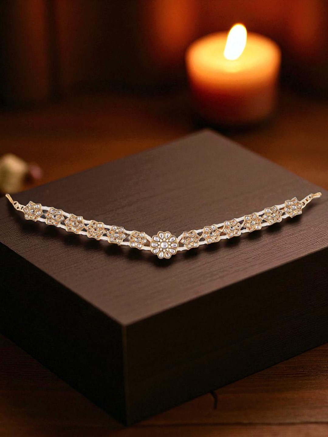 FEMMIBELLA Gold-Plated Pearls & Kundan Studded Sheesphool Mathapatti Head Jewellery