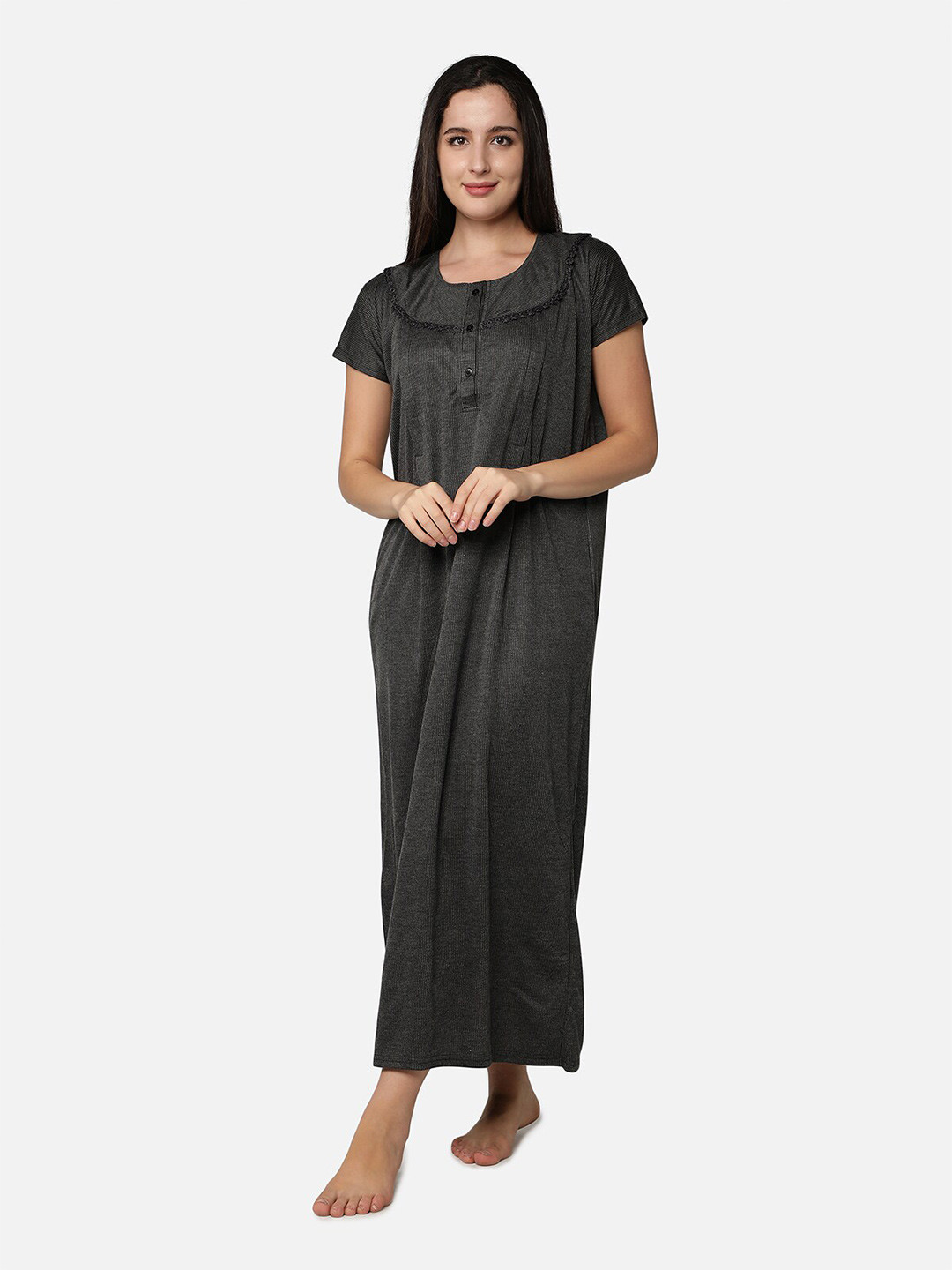 Be You Women Black Printed Maternity Maxi Nightdress