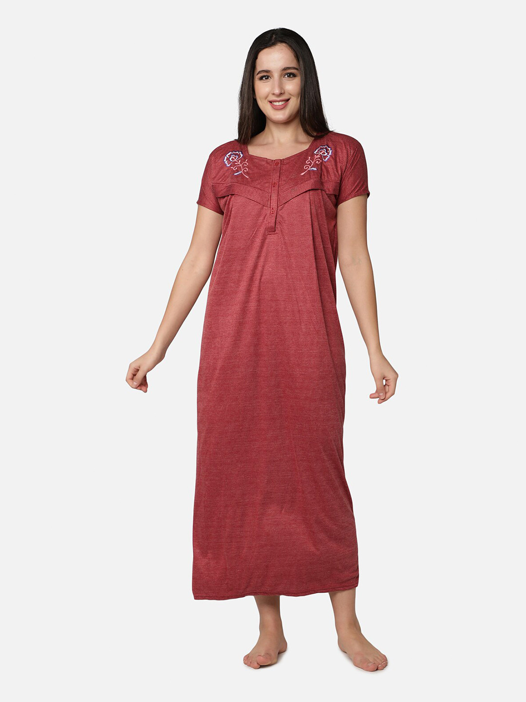 Be You Maroon Cotton Striped Maternity / Feeding  Gown for Women