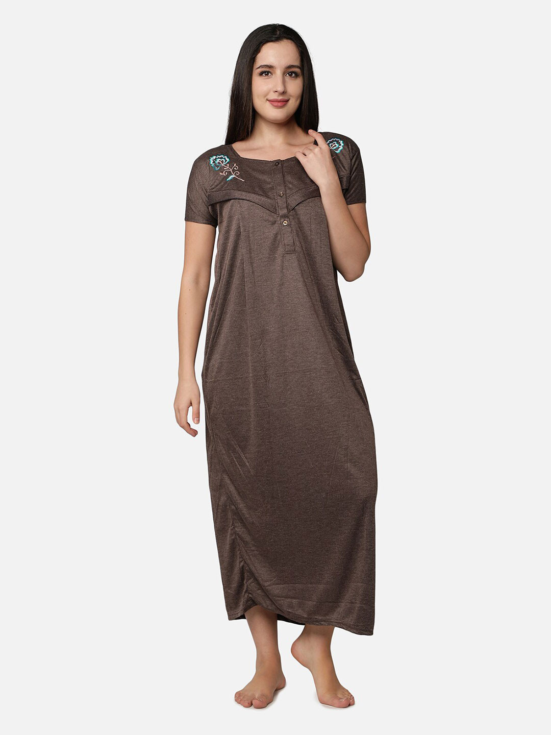 Be You Women Coffee Brown Embroidered Maxi Maternity Nightdress