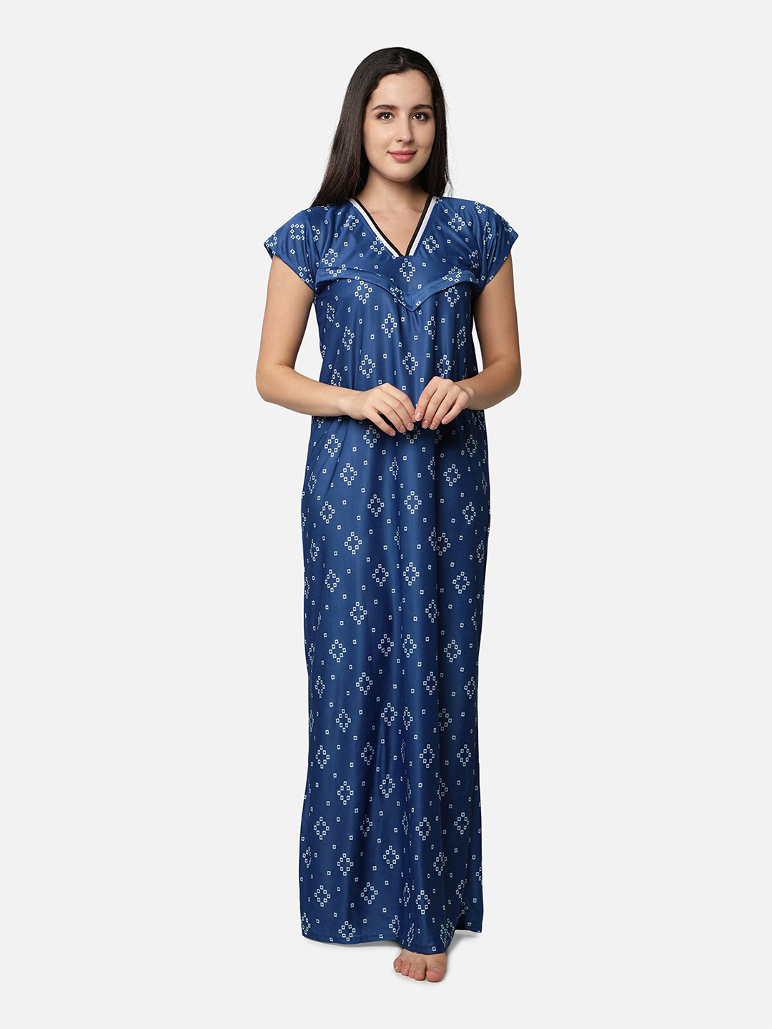 Be You Women Blue Printed Maxi Maternity Nightdress