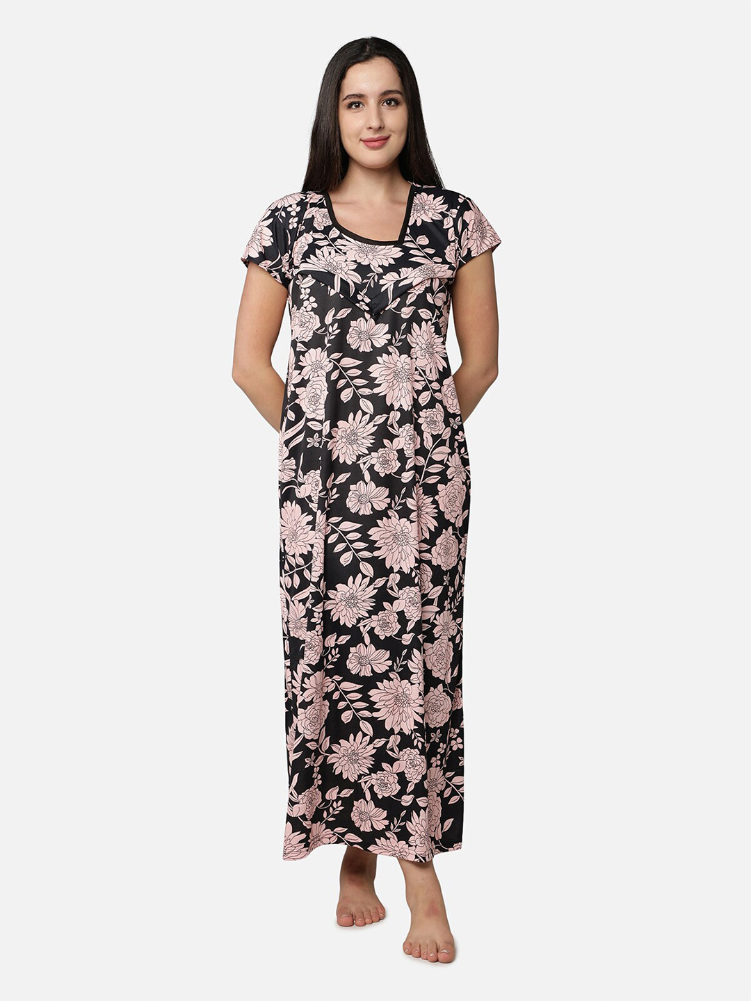 Be You Peach-Coloured Printed Maxi Nightdress