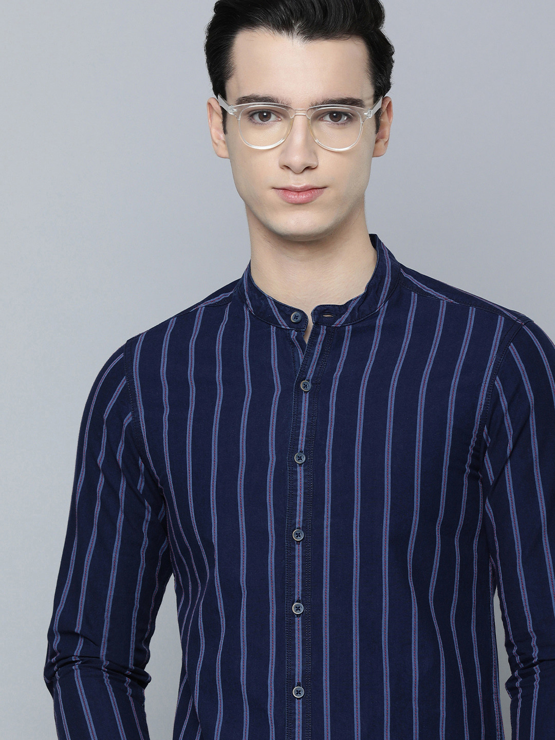 Flying Machine Indigo Mandarin Collar Vertical Stripe Cotton Casual Slim Fit Shirt