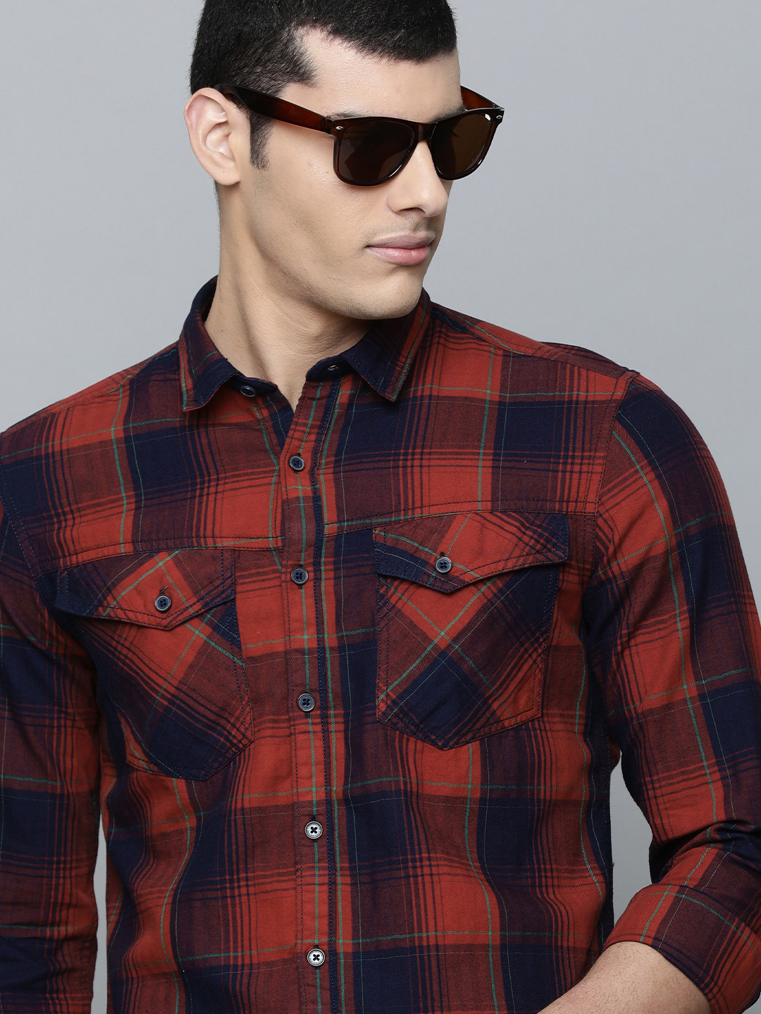 Flying Machine Indigo Tartan Check Cotton Casual Shirt