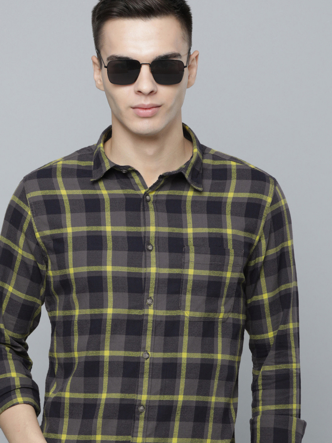 Flying Machine Men Grey Slim Fit Tartan Checks Pure Cotton Casual Shirt