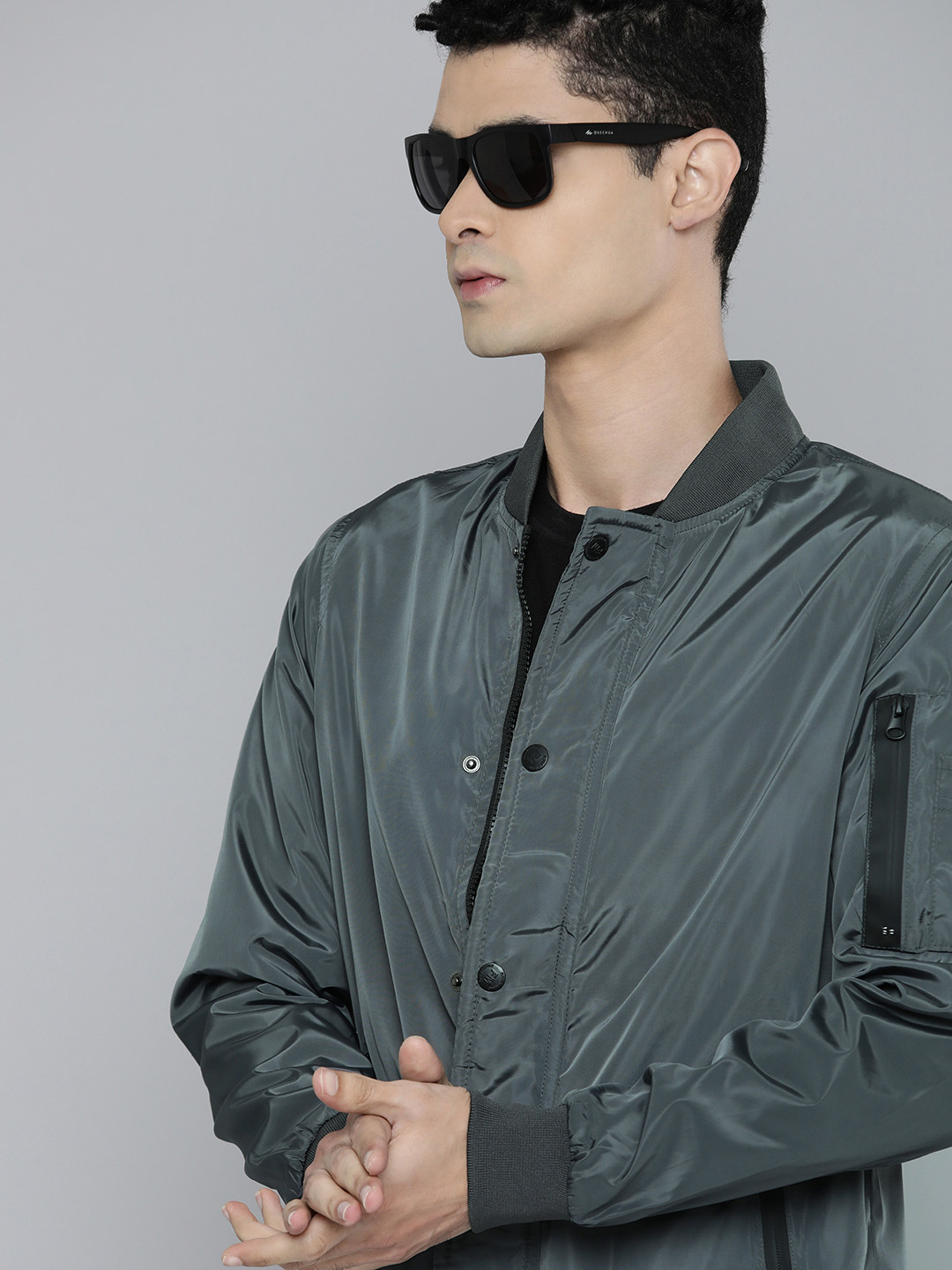 Flying Machine Men Grey Solid Bomber Jacket