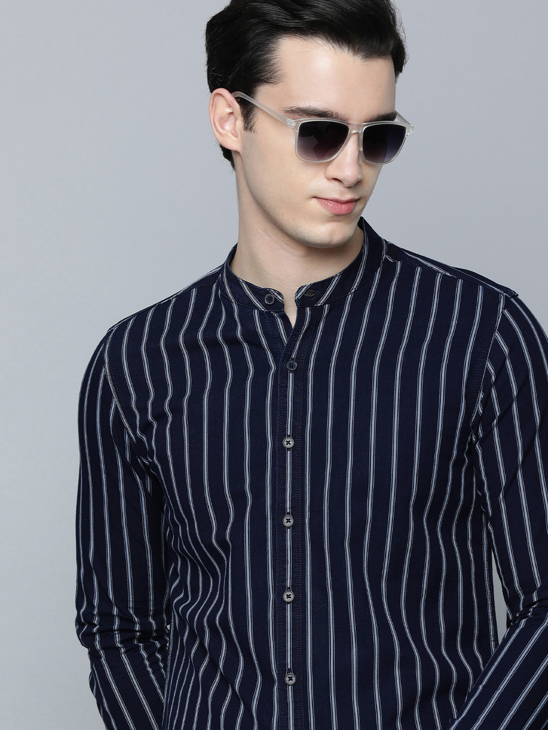 Flying Machine Indigo Vertical Stripe Cotton Twill Casual Shirt