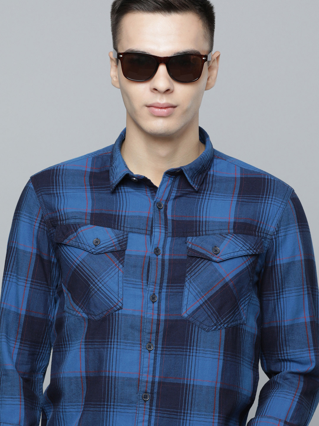 Flying Machine Indigo Plaid Check Herringbone Cotton Casual Shirt