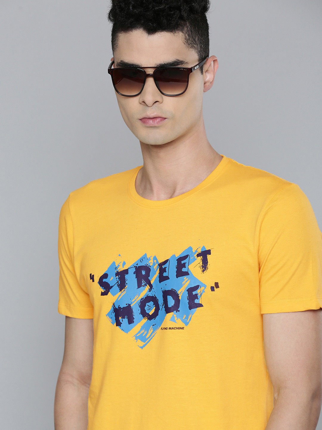Flying Machine Men Yellow Typography Print Knitted Pure Cotton Slim Fit T-shirt