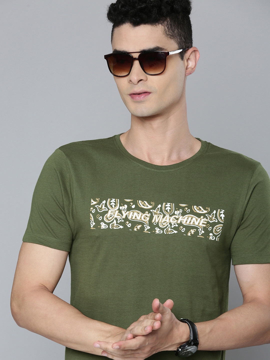 Flying Machine Men Olive Green Brand Logo Print Pure Cotton Slim Fit T-shirt