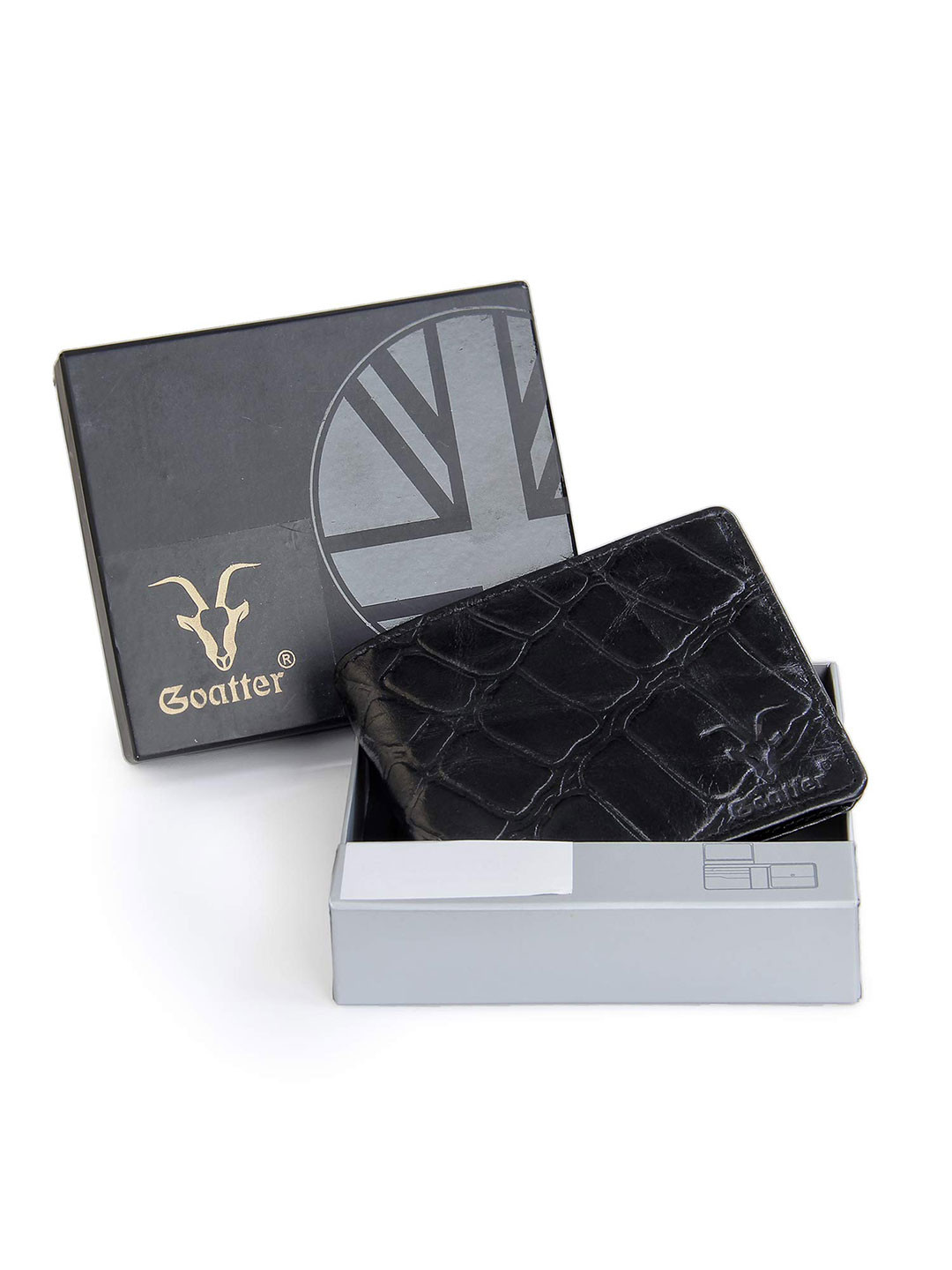 Goatter Men Black Animal Checked Leather Two Fold Wallet