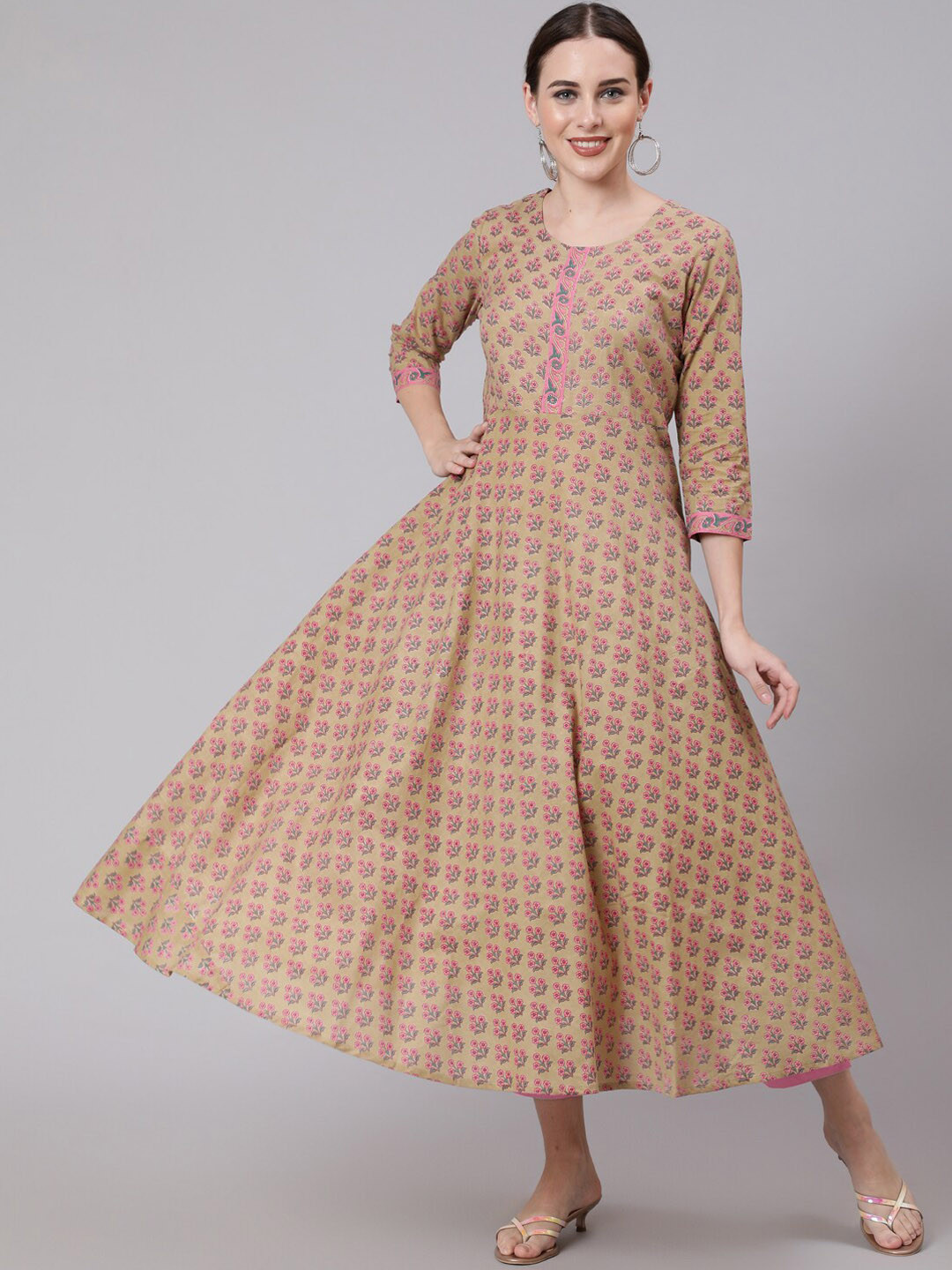 GLAM ROOTS Women Beige Ethnic Motifs Checked Anarkali Kurta