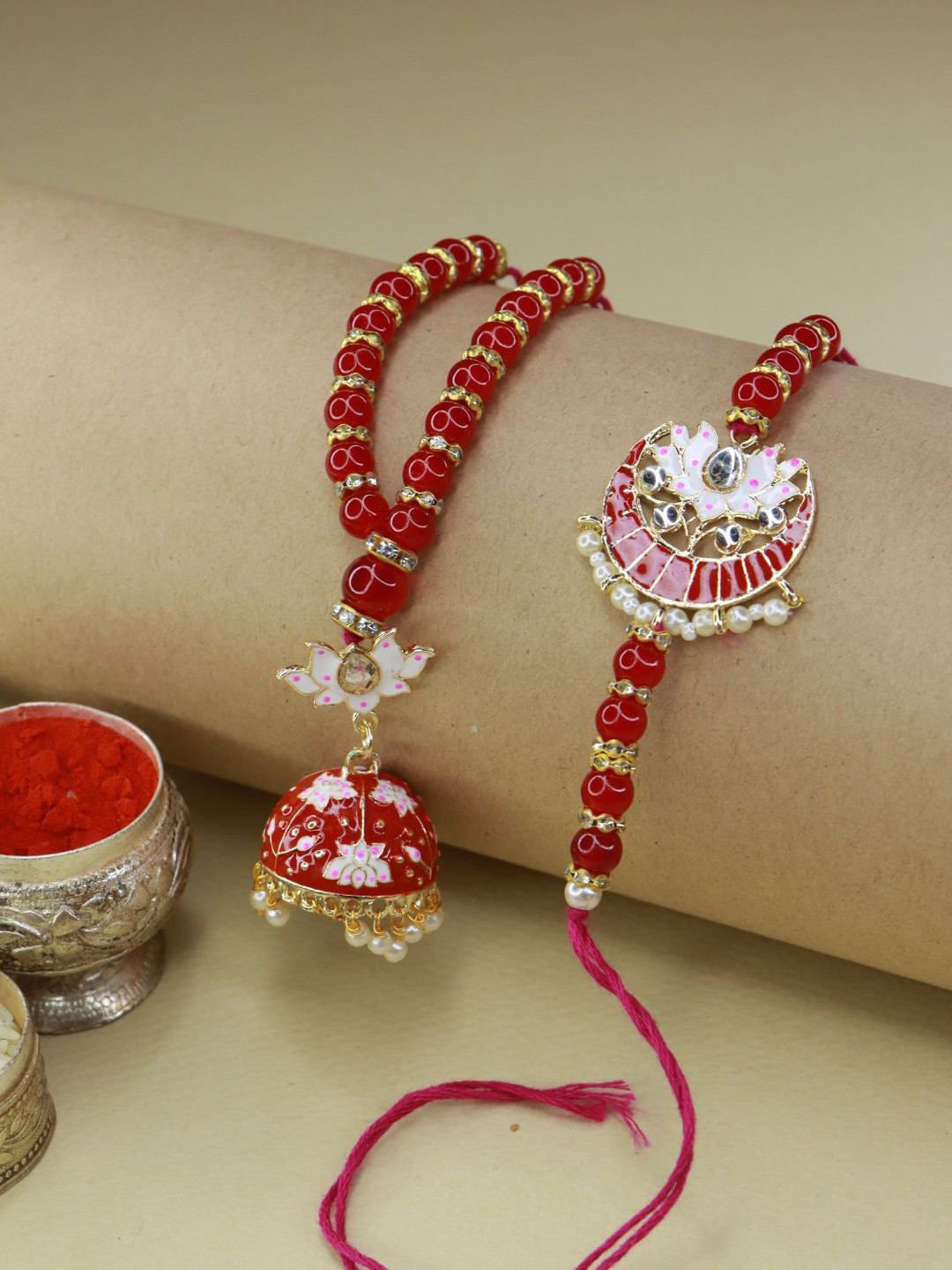 I Jewels Pack Of 2 Red Designer Hanging Floral Lumba & Rakhi
