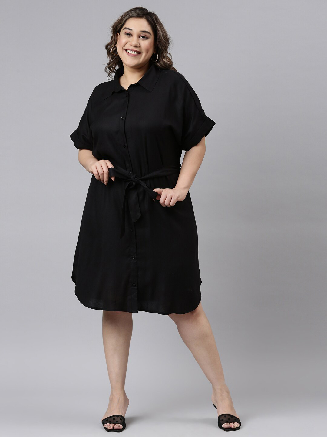 The Pink Moon Women Plus Size Black Solid Shirt Dress