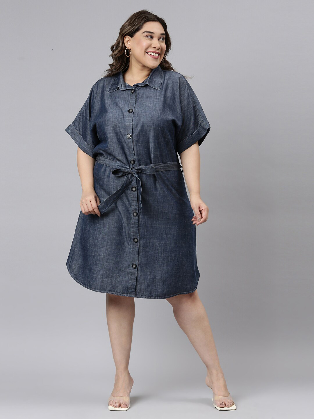 The Pink Moon Navy Blue Denim Tencel Shirt Dress