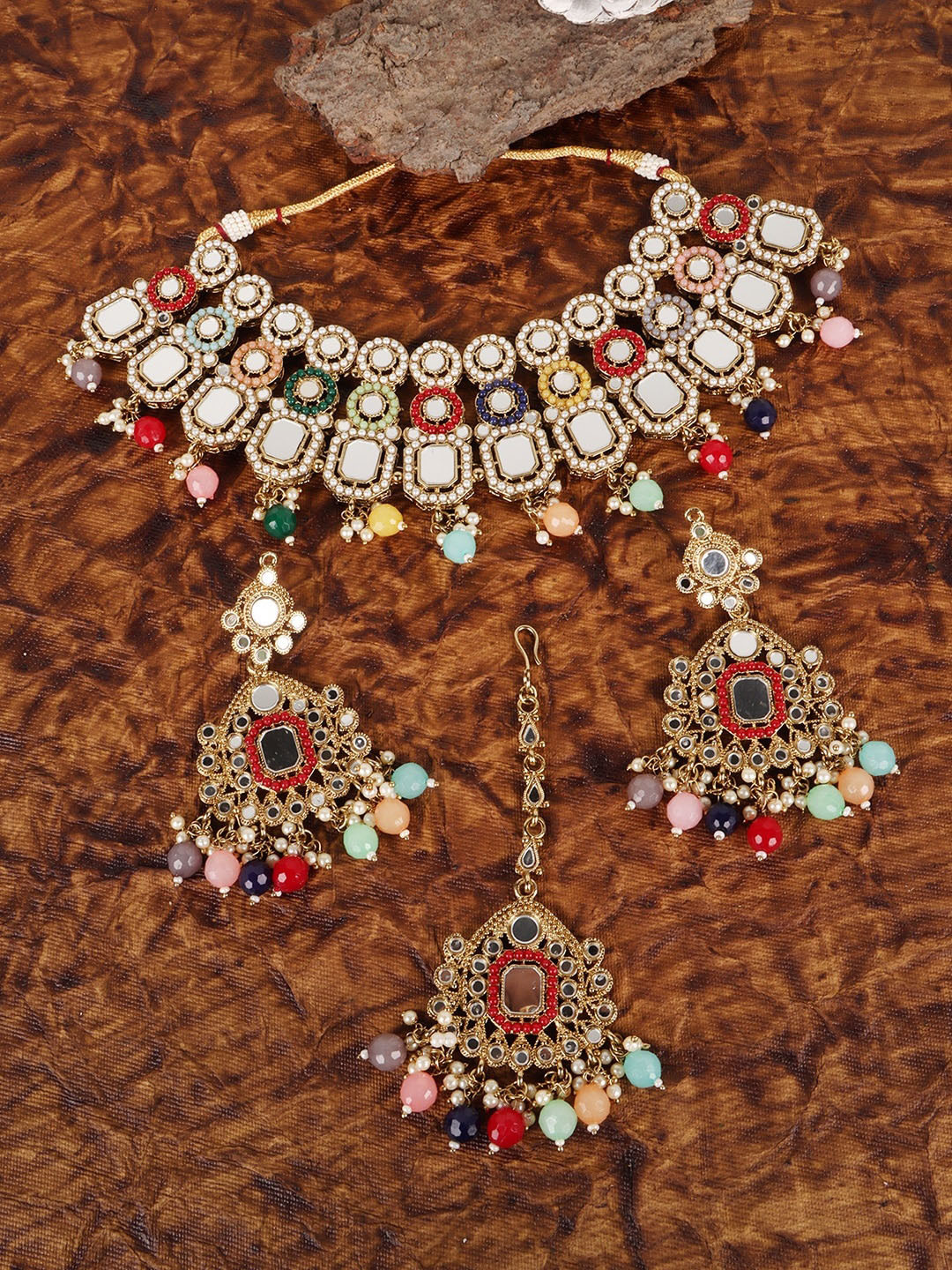 JEWELS GEHNA Women Gold-Plated Maroon, Yellow, Pink Stone-Studded & Beaded Jewelry Set