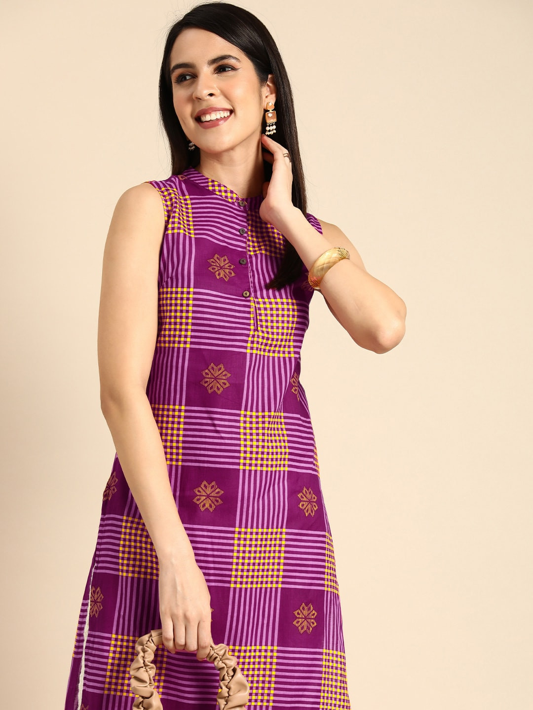 Anouk Women Checked & Ethnic Motifs Print Band Collar Pastels  Cotton Straight Kurta