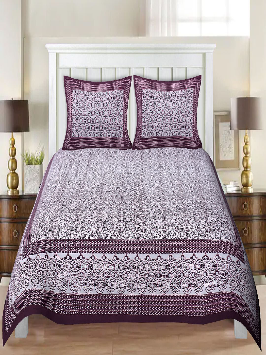 INDHOME LIFE Jaipuri Purple Floral Pure Cotton Breathable 220 TC King Superfine Bedsheet with 2 Pillow Covers-90 x 108 inches