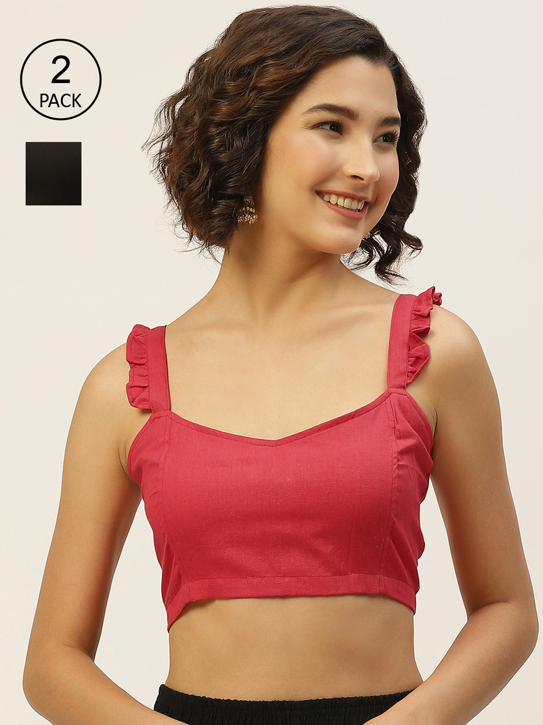 Molcha Women Pack of 2 Solid Red, Black Pure Cotton Non Padded Saree Blouse