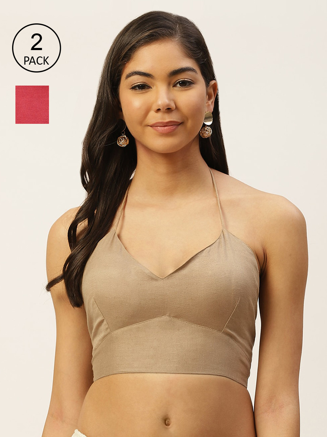 Molcha Women Pack of 2 Solid Red and Beige Back tie up closure Padded Saree Blouse