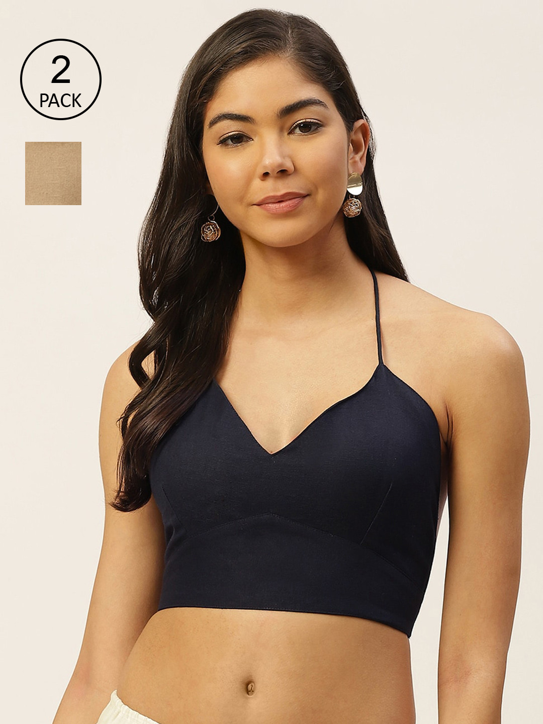 Molcha Set of 2 Navy Blue & Beige Cotton Halter Neck Padded Blouse