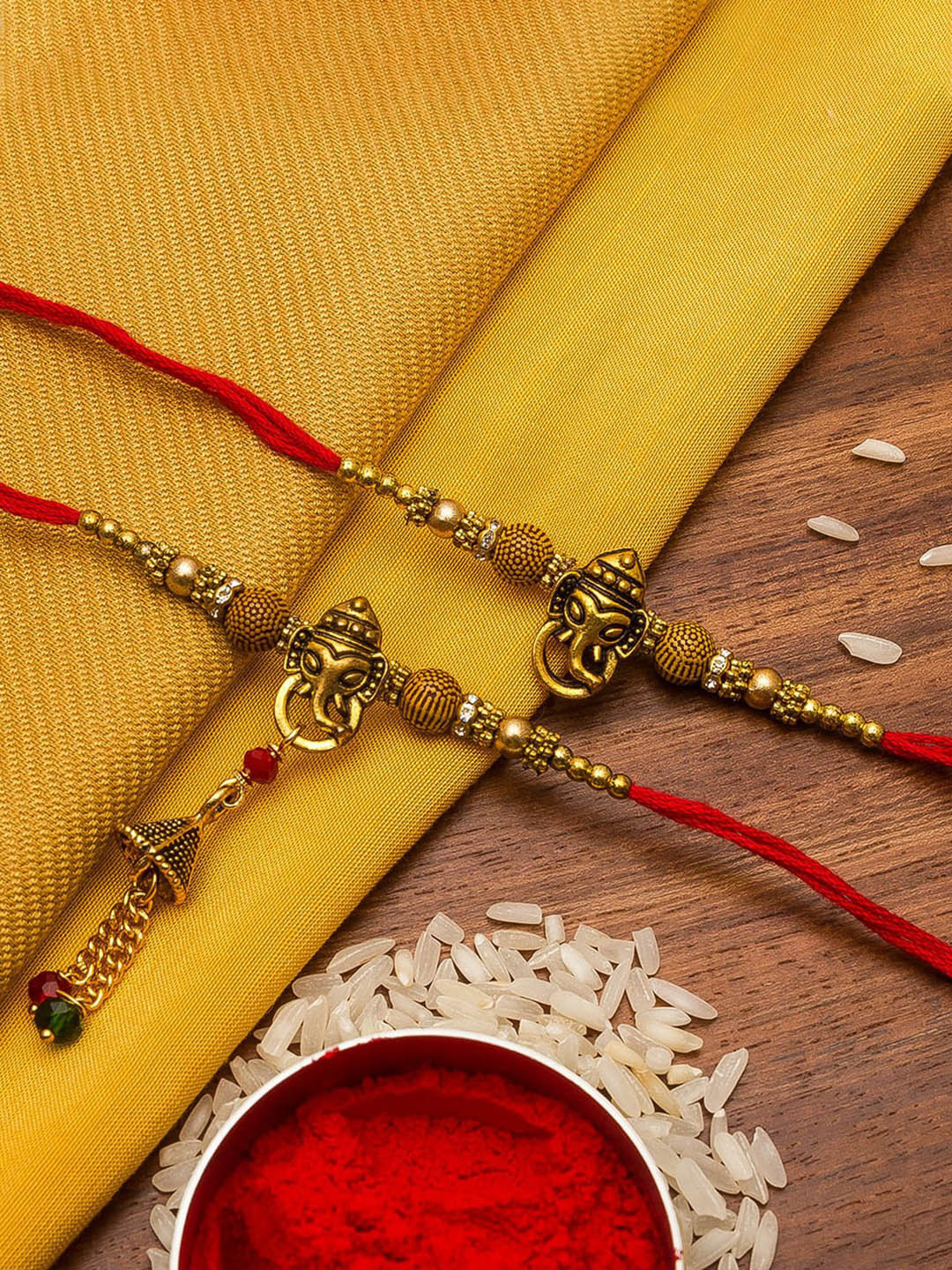 Aadita Set Of 2 Brown & Gold-Toned Stone-Studded Bhaiya Bhabhi Rakhi