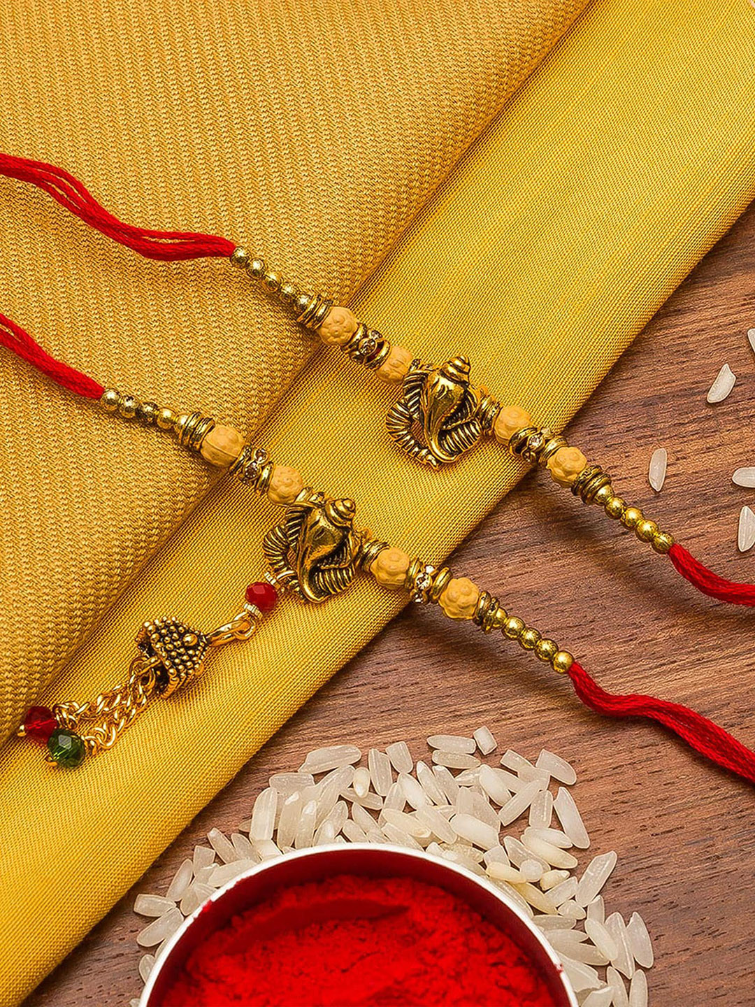 aadita Set Of 2 Gold-Toned Lord Ganesha Bhaiya Bhabi Rakhi With Roli Chawal