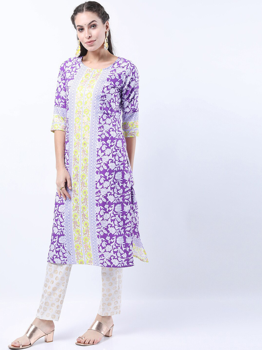 Vishudh Women Mauve & White Dyed Mirror Work Pathani Kurta